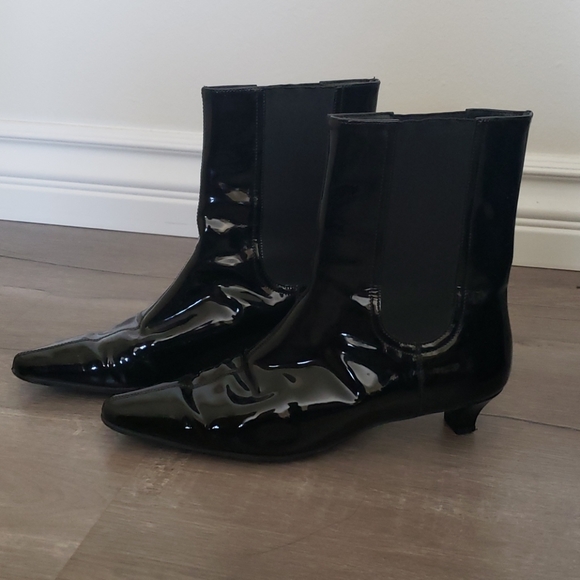 black patent low heel boots